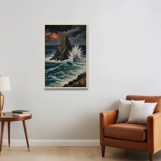 Dark Moody Stormy Ocean Sea Stack - Oak Framed Canvas Wall Art - Sofa - 24x36