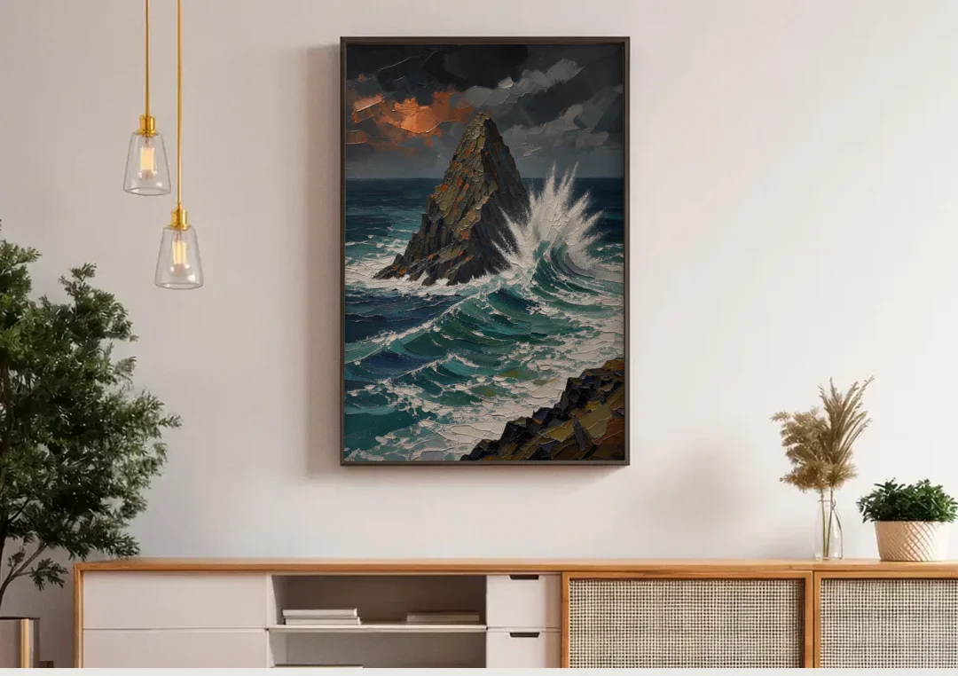 Dark Moody Stormy Ocean Sea Stack canvas wall art above a wooden sideboard under pendant lights