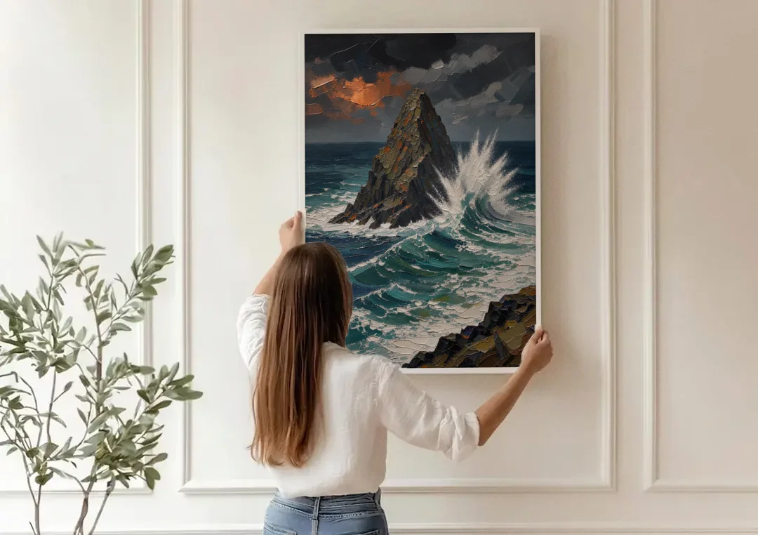 Dark Moody Stormy Ocean Sea Stack canvas wall art being hung on a paneled wall