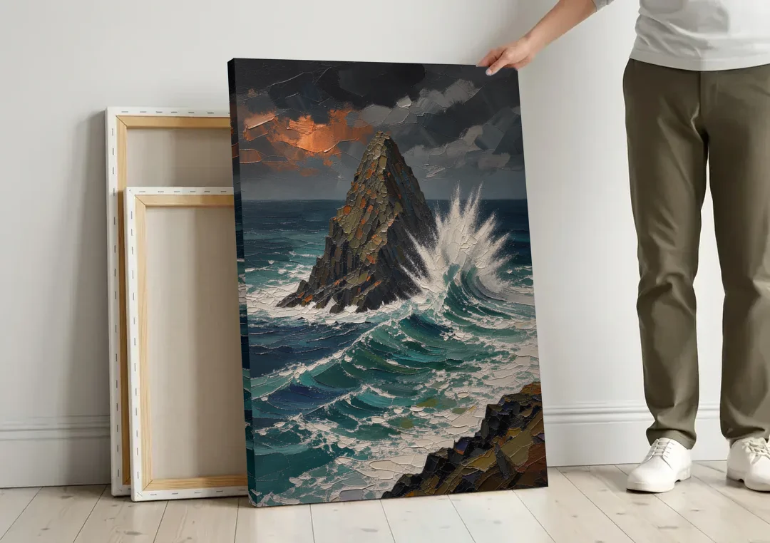 Dark Moody Stormy Ocean Sea Stack canvas wall art leaning against a wall next to blank canvases