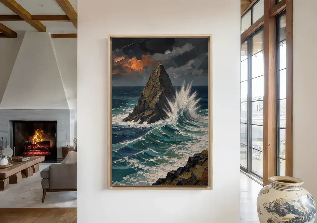 Dark Moody Stormy Ocean Sea Stack canvas wall art in a living room with a fireplace