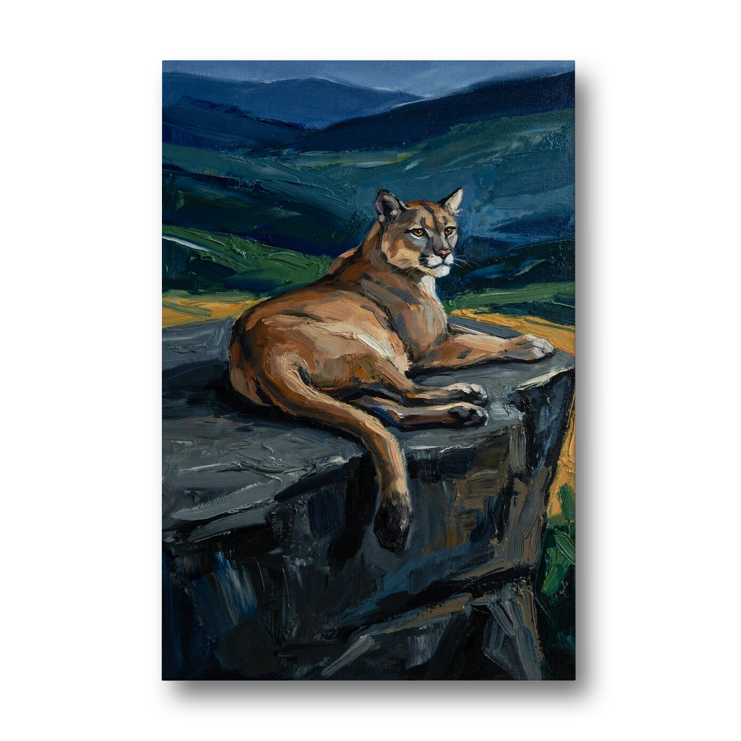 Dark Nature Painting Mountain Lion at Dusk - Canvas Wall Art - Front