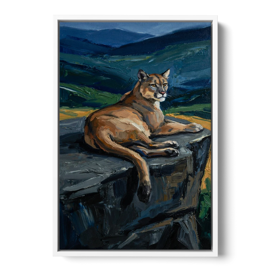 Dark Nature Painting Mountain Lion at Dusk - White Framed Canvas Wall Art - Front