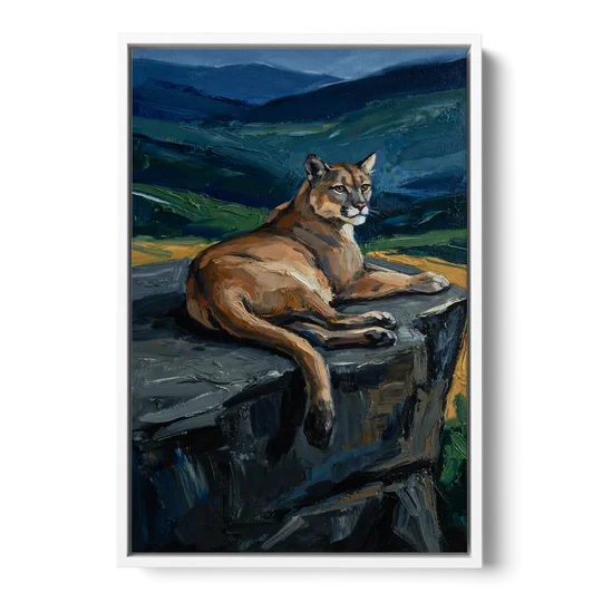 Dark Nature Painting Mountain Lion at Dusk - White Framed Canvas Wall Art - Front