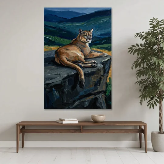 Dark Nature Painting Mountain Lion at Dusk - Canvas Wall Art - Coffee Table - 40x60