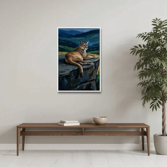 Dark Nature Painting Mountain Lion at Dusk - White Framed Canvas Wall Art - Coffee Table - 24x36