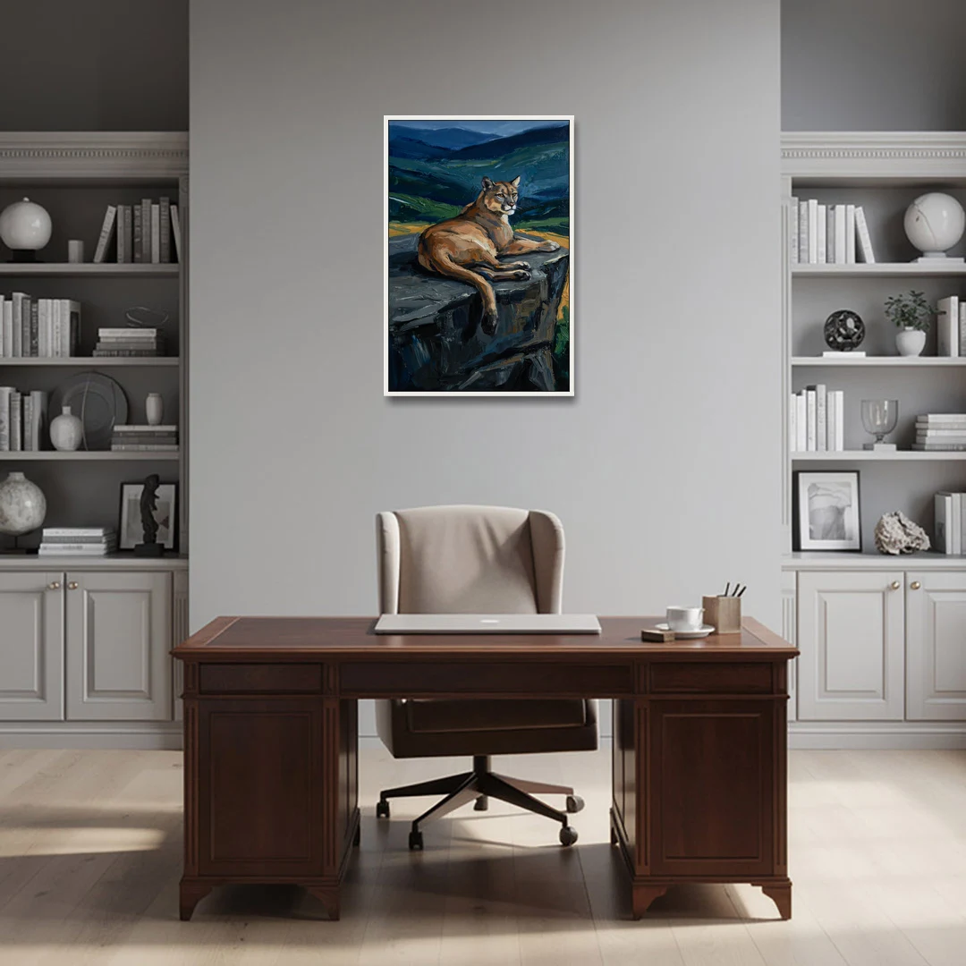 Dark Nature Painting Mountain Lion at Dusk - White Framed Canvas Wall Art - Office - 24x36