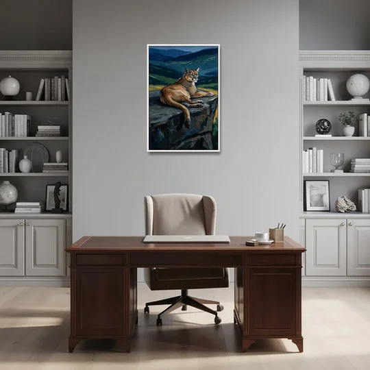 Dark Nature Painting Mountain Lion at Dusk - White Framed Canvas Wall Art - Office - 24x36