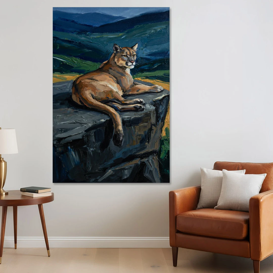 Dark Nature Painting Mountain Lion at Dusk - Canvas Wall Art - Sofa - 40x60