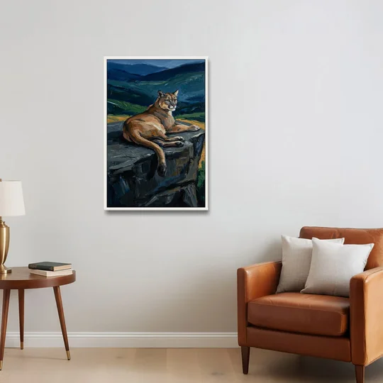Dark Nature Painting Mountain Lion at Dusk - White Framed Canvas Wall Art - Sofa - 24x36