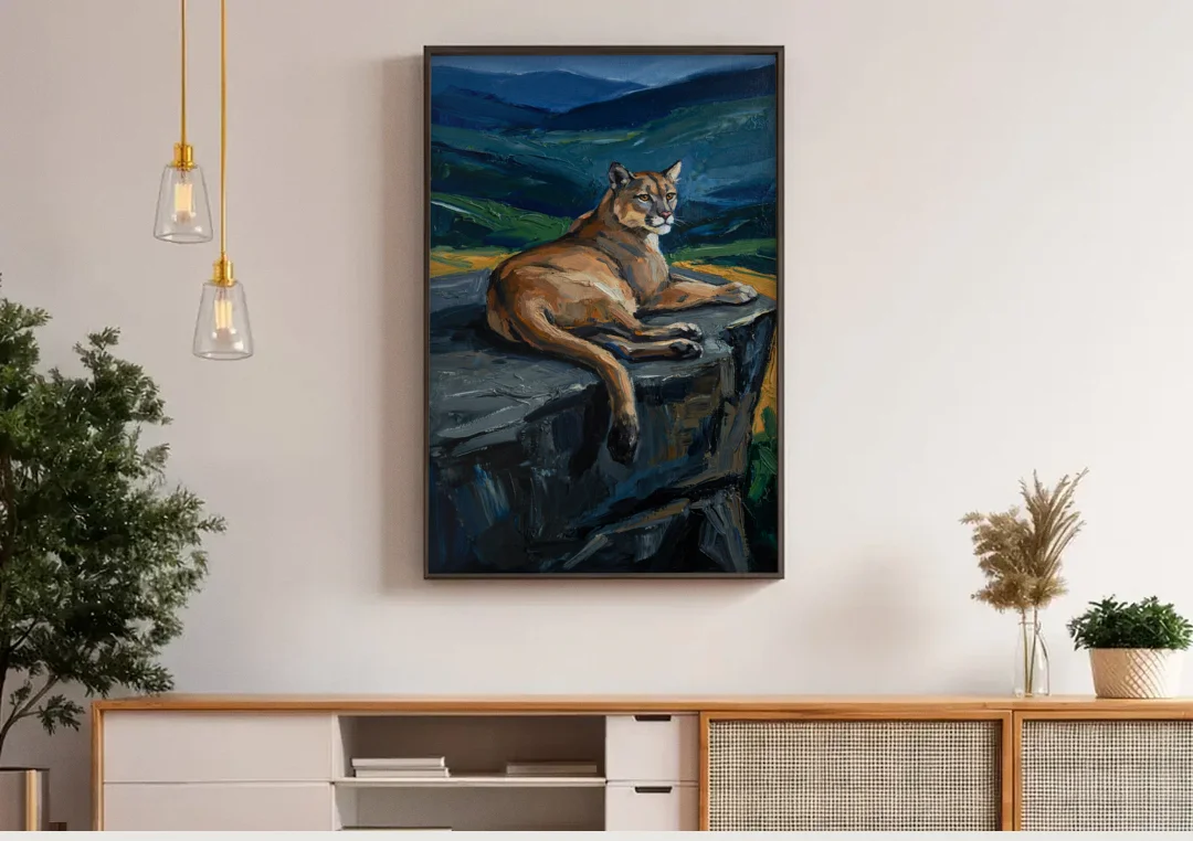 Dark Nature Painting Mountain Lion at Dusk canvas wall art above a wooden sideboard under pendant lights