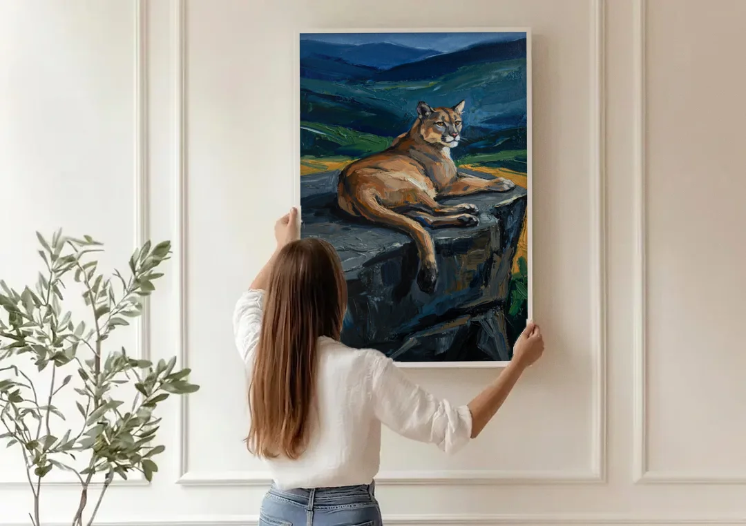 Dark Nature Painting Mountain Lion at Dusk canvas wall art being hung on a paneled wall