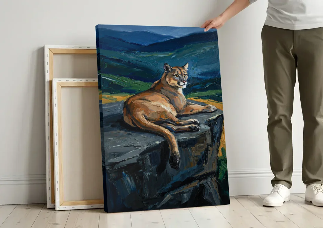 Dark Nature Painting Mountain Lion at Dusk canvas wall art leaning against a wall next to blank canvases