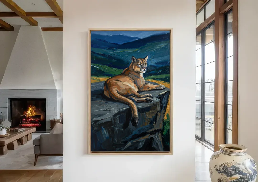 Dark Nature Painting Mountain Lion at Dusk canvas wall art in a living room with a fireplace