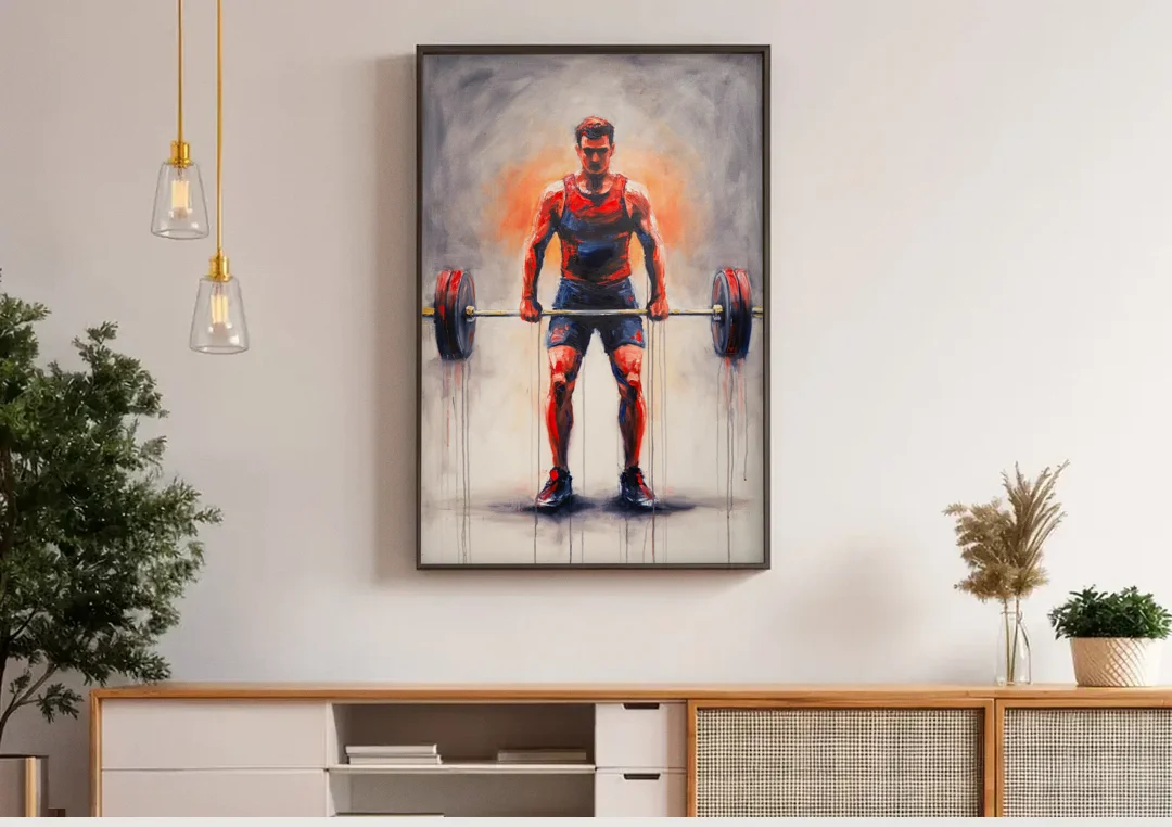 Deadlift Lockout with Red Paint Drips canvas wall art above a wooden sideboard under pendant lights