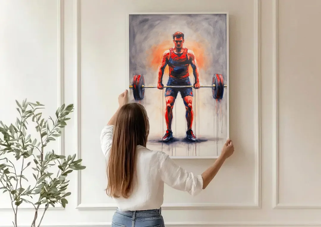 Deadlift Lockout with Red Paint Drips canvas wall art being hung on a paneled wall