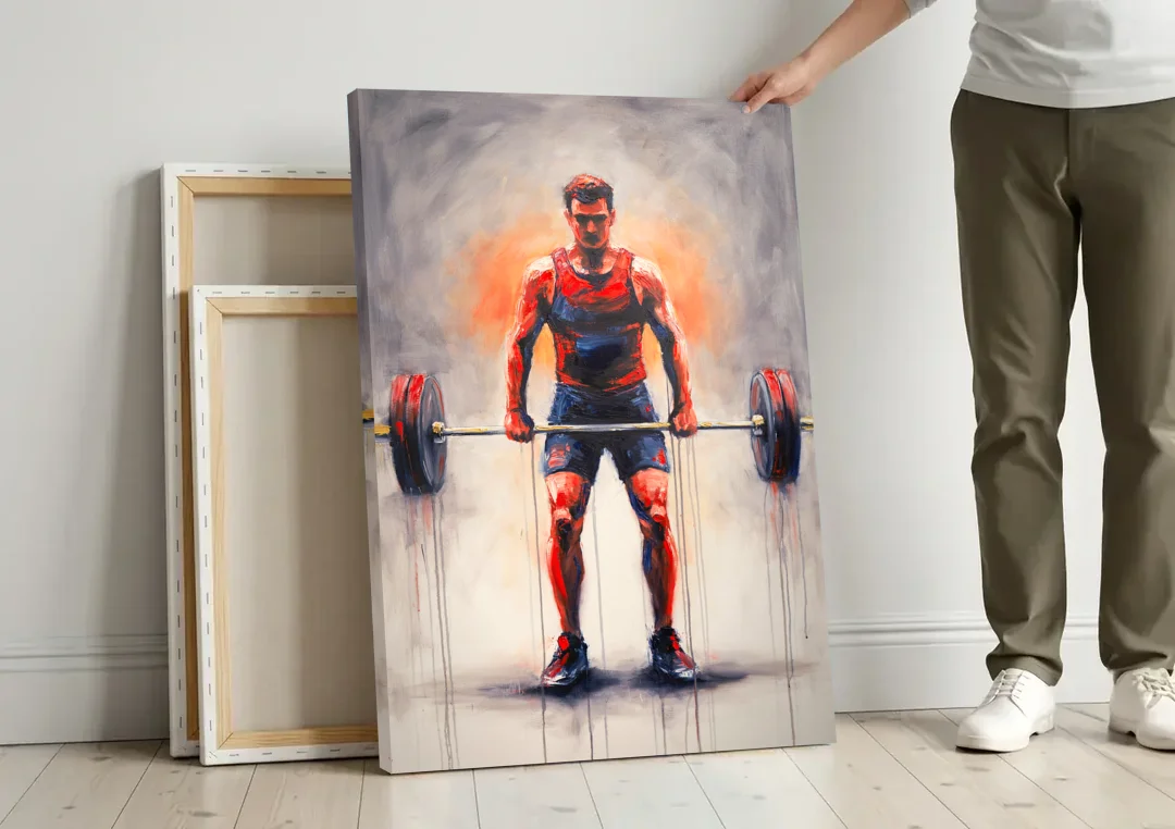 Deadlift Lockout with Red Paint Drips canvas wall art leaning against a wall next to blank canvases