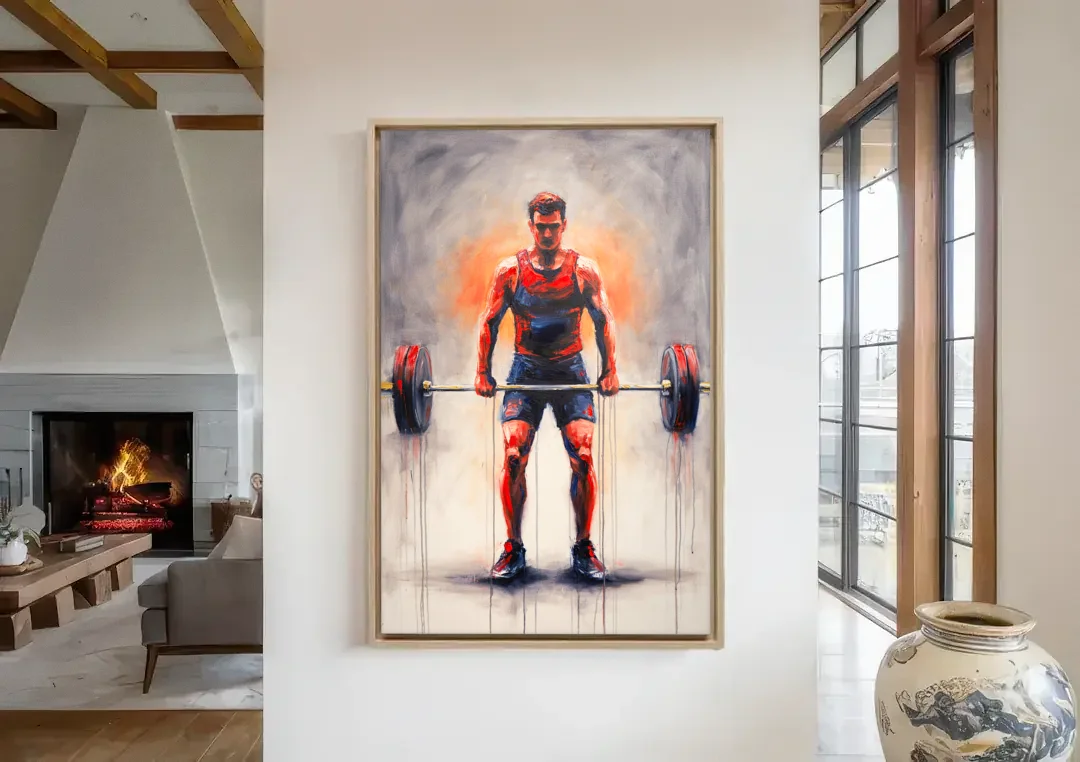Deadlift Lockout with Red Paint Drips canvas wall art in a living room with a fireplace
