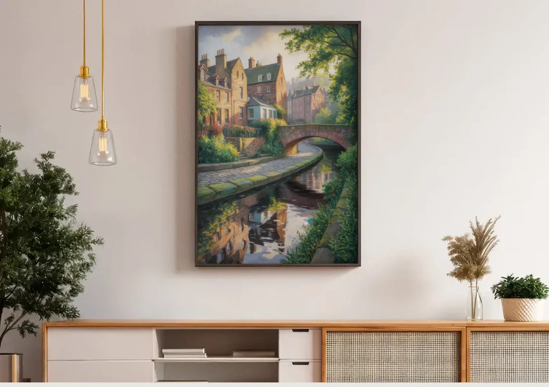 Dean Village Charm canvas wall art above a wooden sideboard under pendant lights