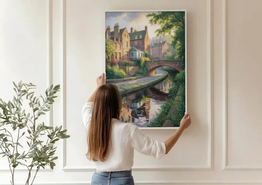 Dean Village Charm canvas wall art being hung on a paneled wall