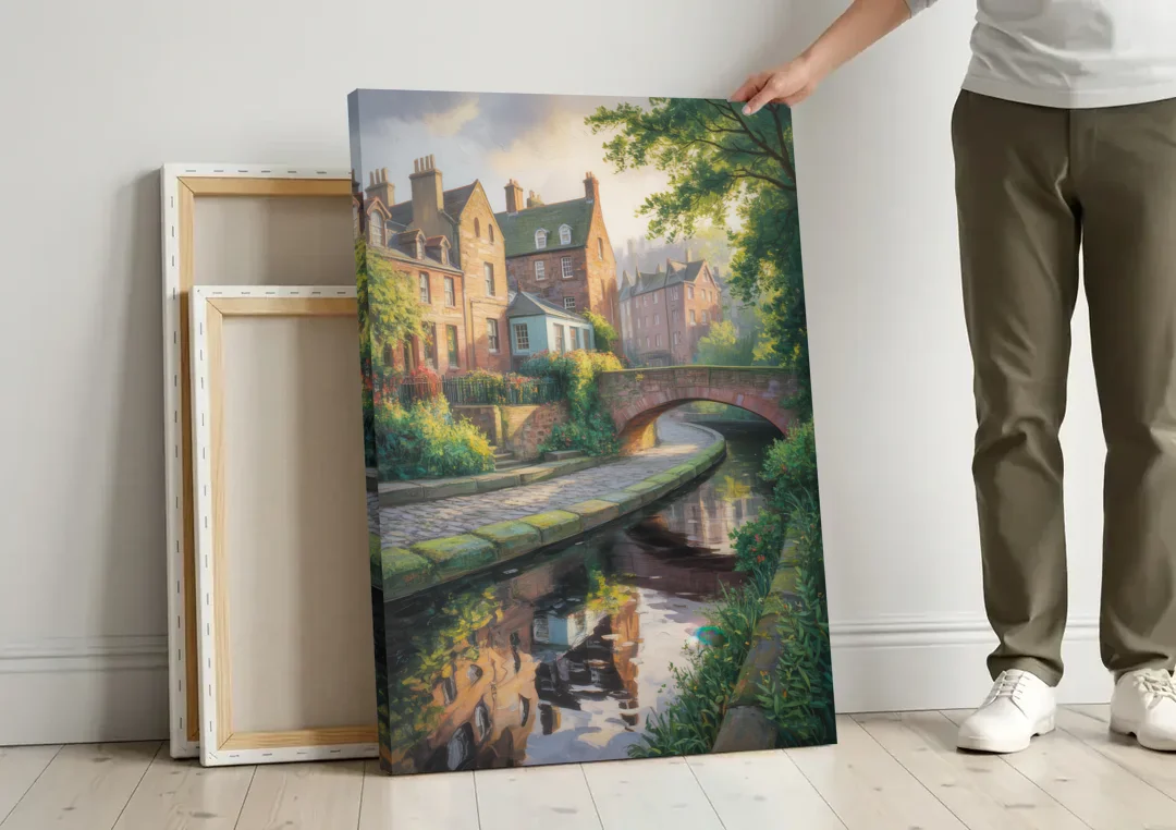 Dean Village Charm canvas wall art leaning against a wall next to blank canvases