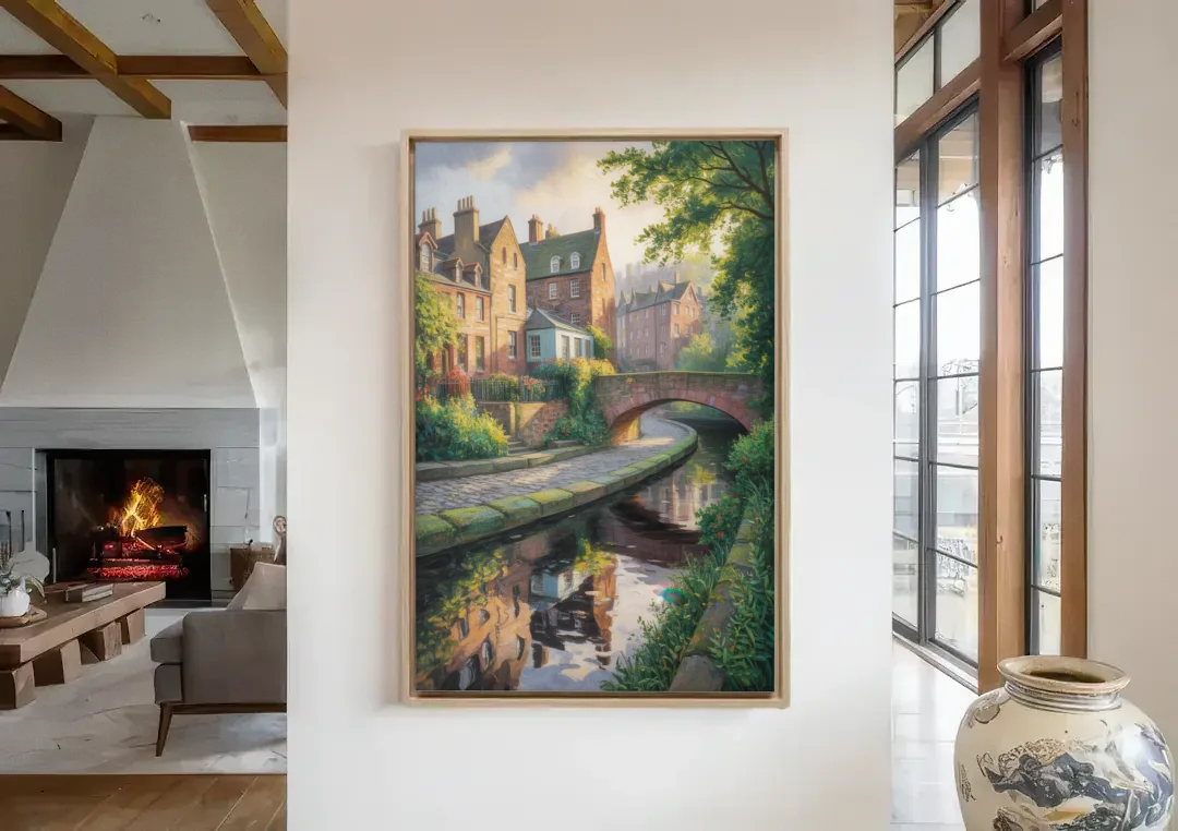 Dean Village Charm canvas wall art in a living room with a fireplace