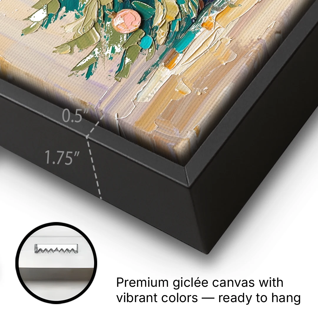 Decorated Christmas Tree Painting with Peach Baubles - Black Framed Canvas Wall Art - Gallery Wrap Corner