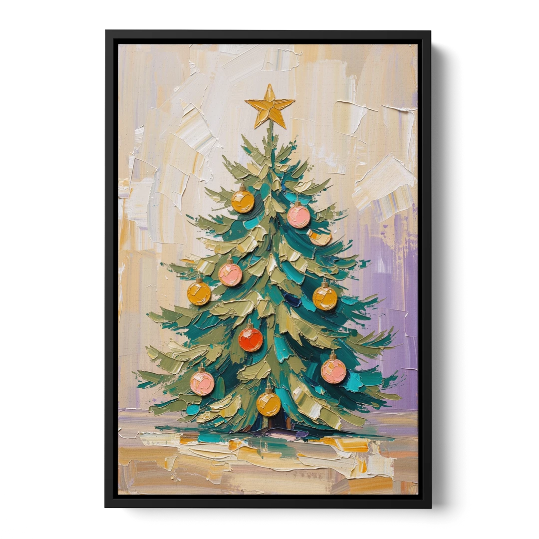 Decorated Christmas Tree Painting with Peach Baubles - Black Framed Canvas Wall Art - Front