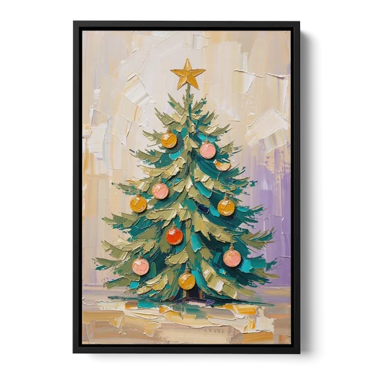 Decorated Christmas Tree Painting with Peach Baubles - Black Framed Canvas Wall Art - Front