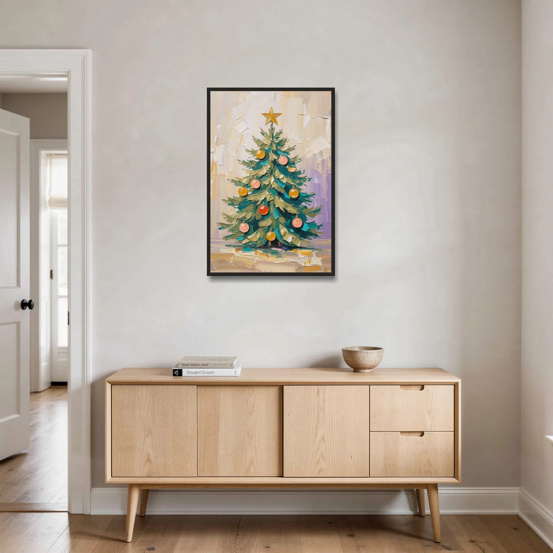 Decorated Christmas Tree Painting with Peach Baubles - Black Framed Canvas Wall Art - Coffee Table - 24x36