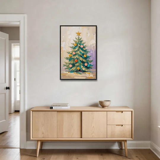 Decorated Christmas Tree Painting with Peach Baubles - Black Framed Canvas Wall Art - Coffee Table - 24x36