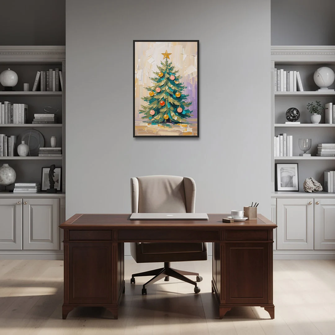 Decorated Christmas Tree Painting with Peach Baubles - Black Framed Canvas Wall Art - Office - 24x36