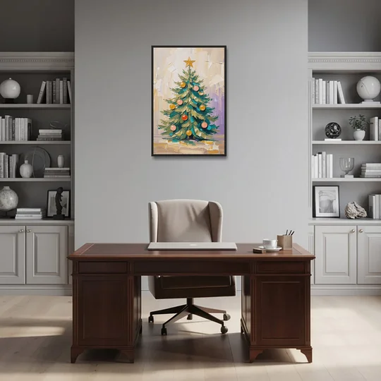 Decorated Christmas Tree Painting with Peach Baubles - Black Framed Canvas Wall Art - Office - 24x36