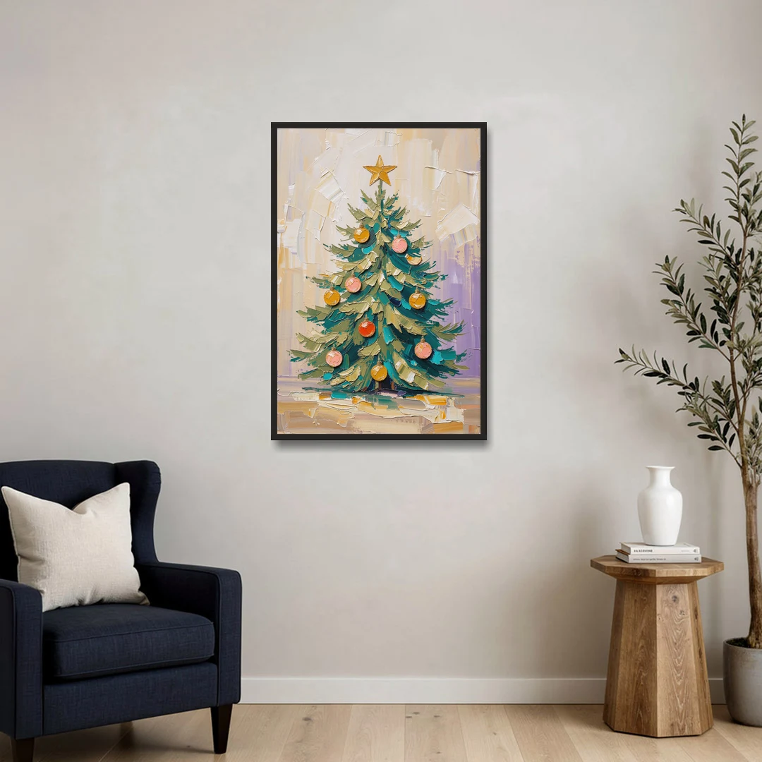 Decorated Christmas Tree Painting with Peach Baubles - Black Framed Canvas Wall Art - Sofa - 24x36