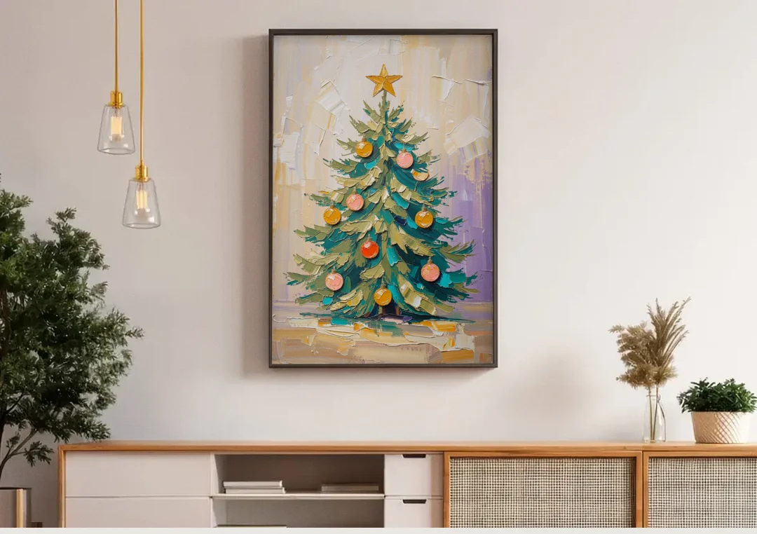 Decorated Christmas Tree Painting with Peach Baubles canvas wall art above a wooden sideboard under pendant lights