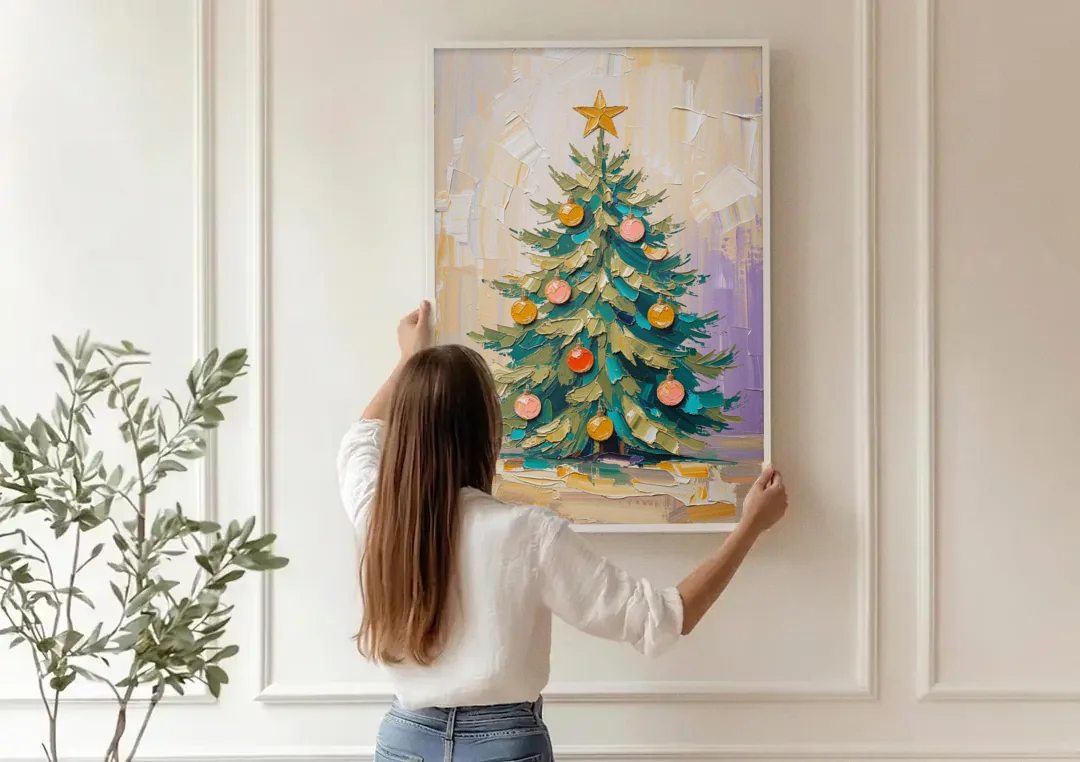Decorated Christmas Tree Painting with Peach Baubles canvas wall art being hung on a paneled wall
