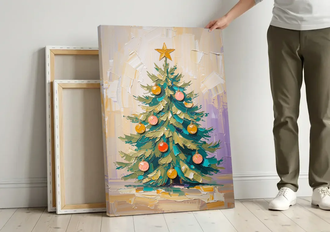 Decorated Christmas Tree Painting with Peach Baubles canvas wall art leaning against a wall next to blank canvases