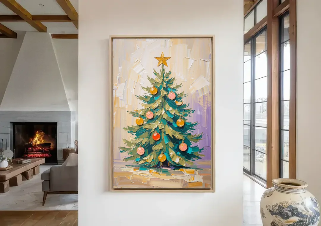 Decorated Christmas Tree Painting with Peach Baubles canvas wall art in a living room with a fireplace