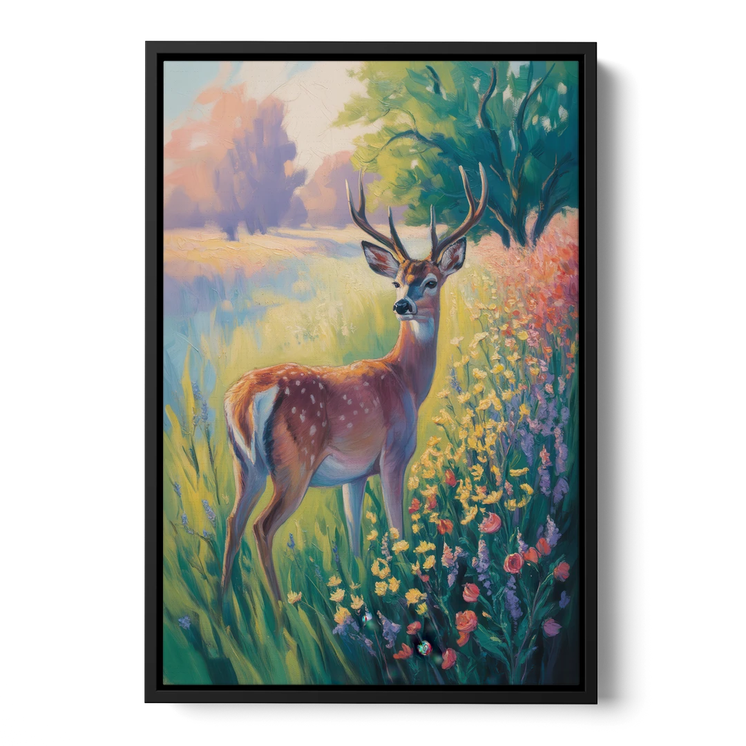 Deer Among Wildflowers - Black Framed Canvas Wall Art - Front