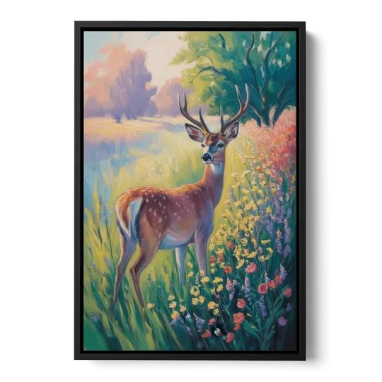 Deer Among Wildflowers - Black Framed Canvas Wall Art - Front