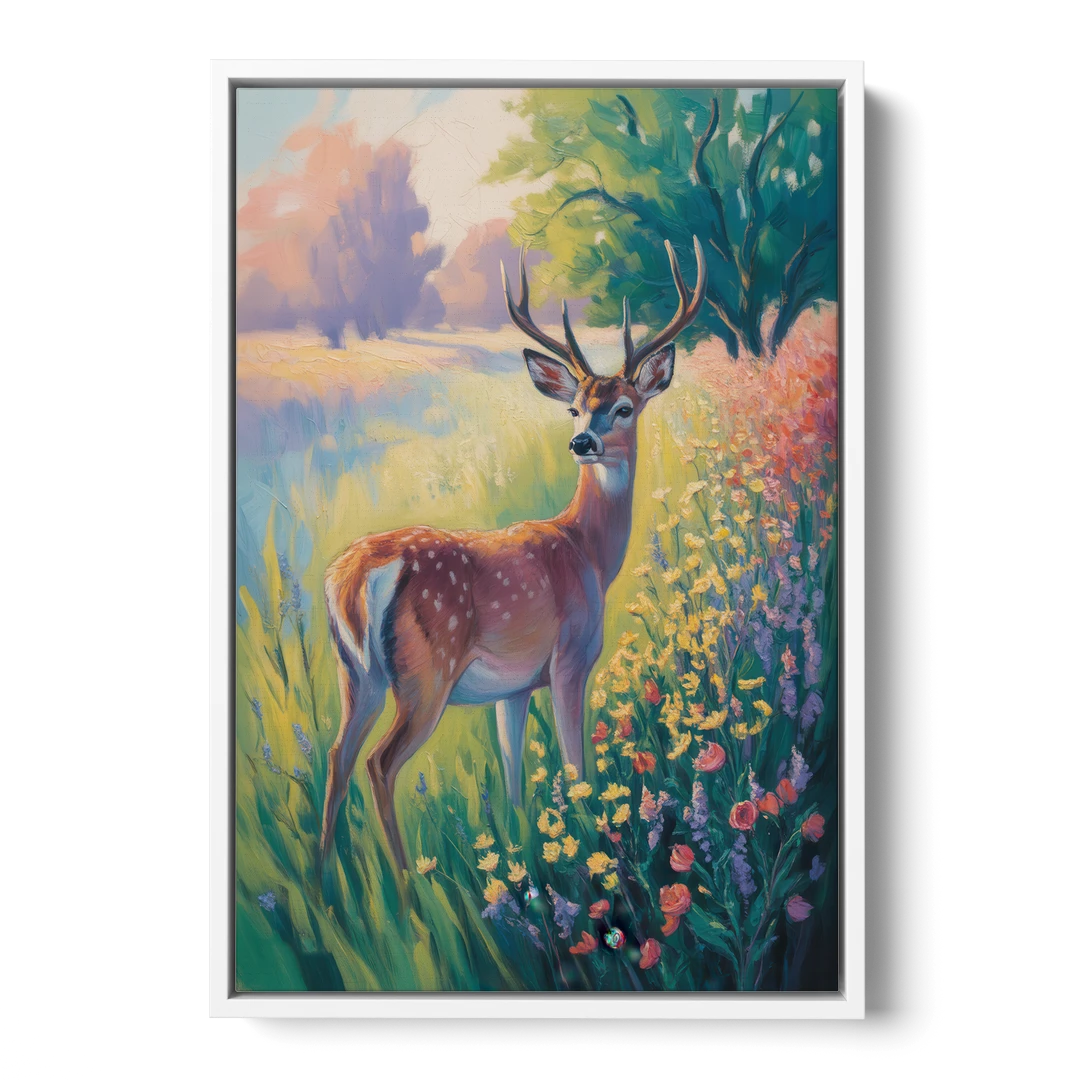 Deer Among Wildflowers - White Framed Canvas Wall Art - Front
