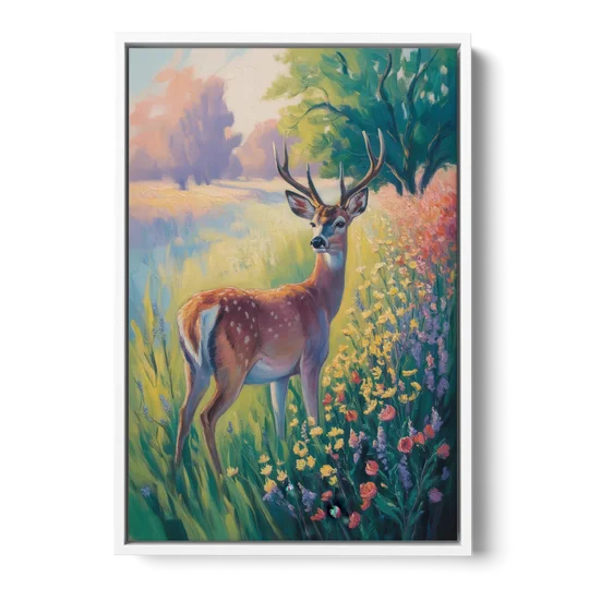 Deer Among Wildflowers - White Framed Canvas Wall Art - Front