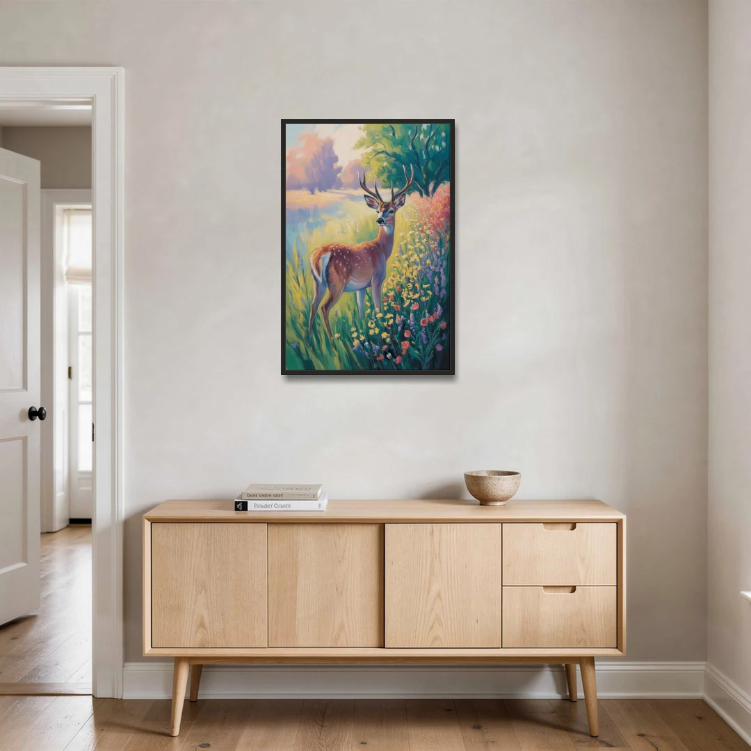 Deer Among Wildflowers - Black Framed Canvas Wall Art - Coffee Table - 24x36