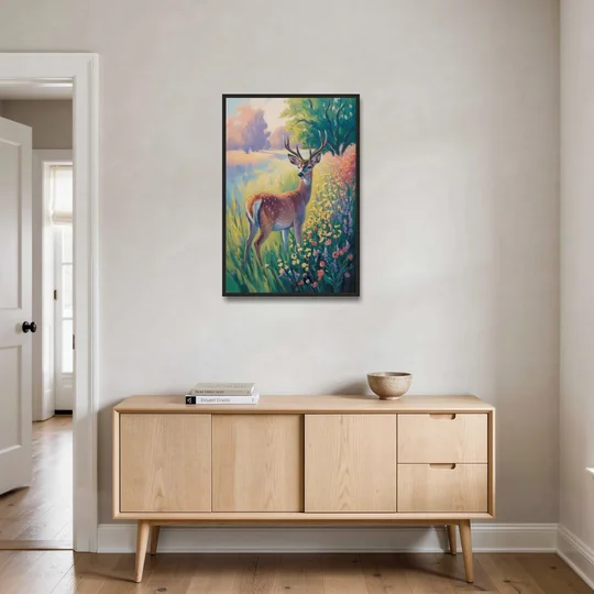 Deer Among Wildflowers - Black Framed Canvas Wall Art - Coffee Table - 24x36