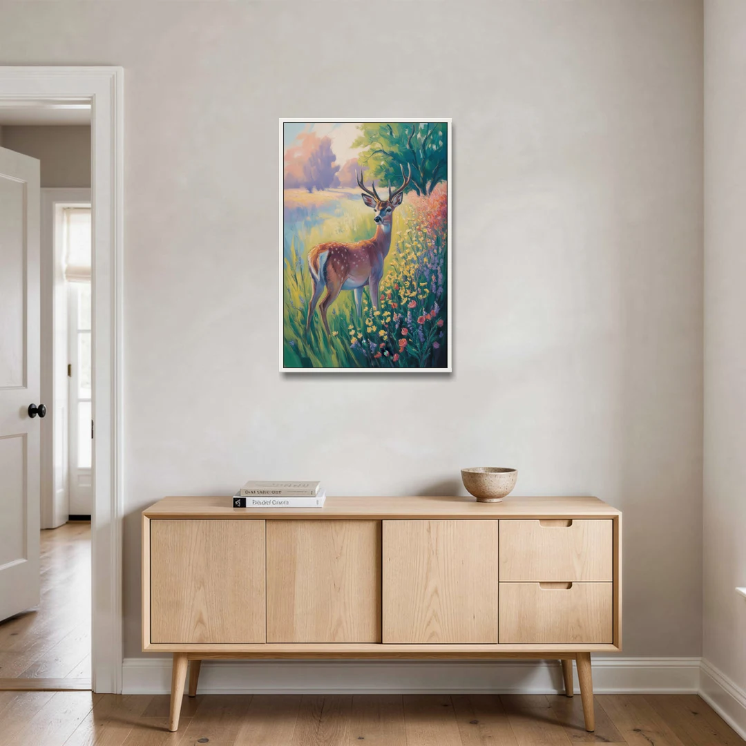 Deer Among Wildflowers - White Framed Canvas Wall Art - Coffee Table - 24x36