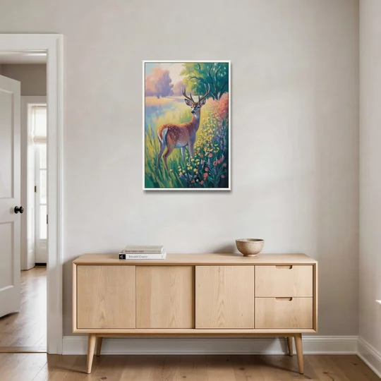 Deer Among Wildflowers - White Framed Canvas Wall Art - Coffee Table - 24x36