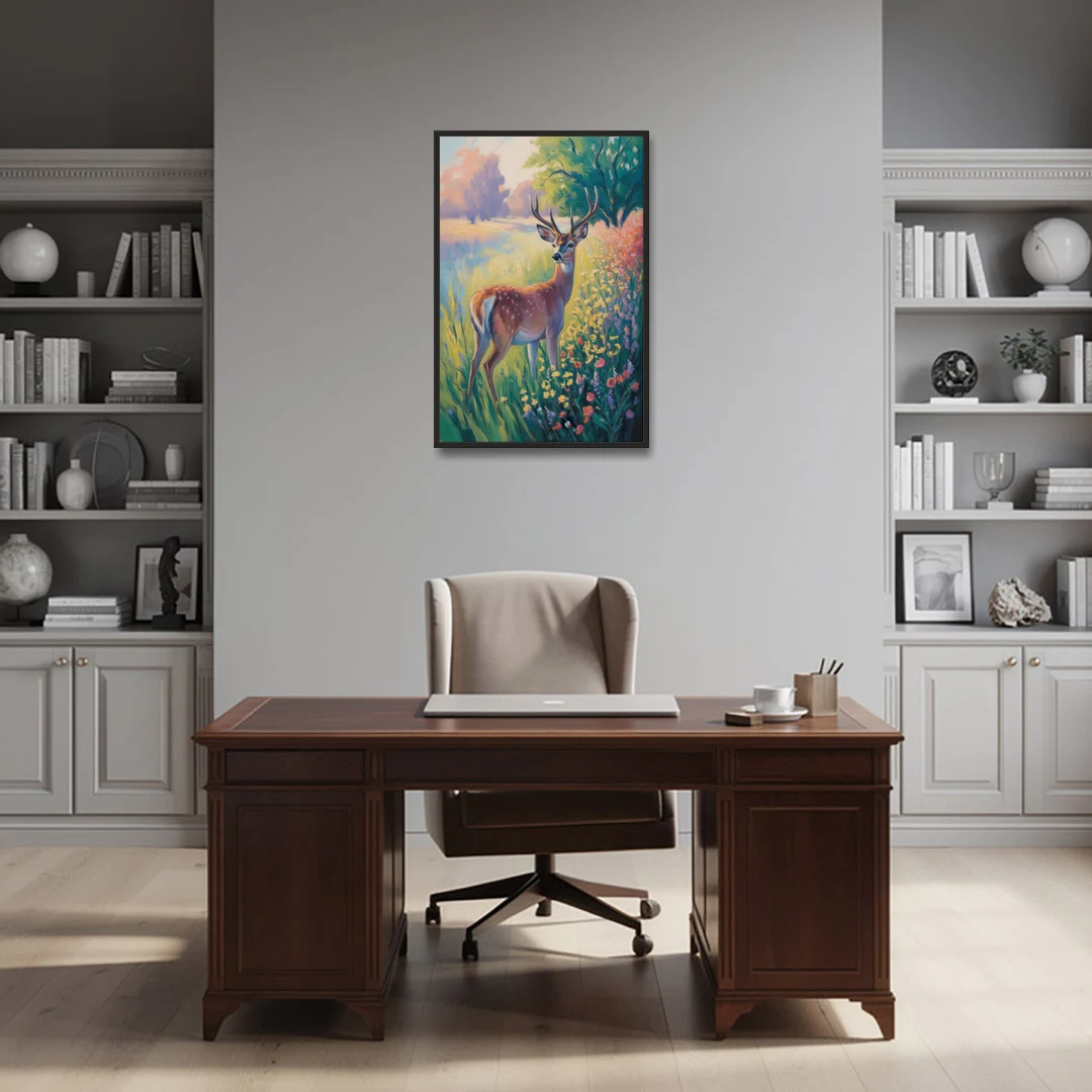 Deer Among Wildflowers - Black Framed Canvas Wall Art - Office - 24x36