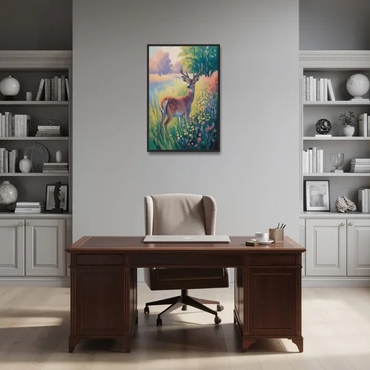 Deer Among Wildflowers - Black Framed Canvas Wall Art - Office - 24x36