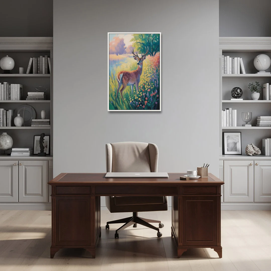 Deer Among Wildflowers - White Framed Canvas Wall Art - Office - 24x36