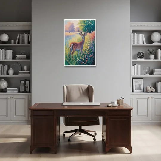 Deer Among Wildflowers - White Framed Canvas Wall Art - Office - 24x36
